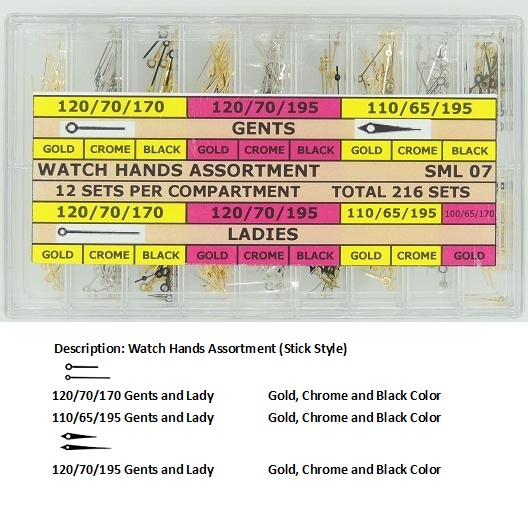 Watch Hand Assortment - Dauphin & Stick Style in Yellow, White and Black Color (216 sets)